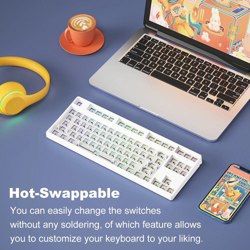 Iblancod C87 Teclado sem fio tri-mode Teclado mecânico de 87 teclas Teclado para jogos com todos os interruptores Modo BT mutável com fio Mo