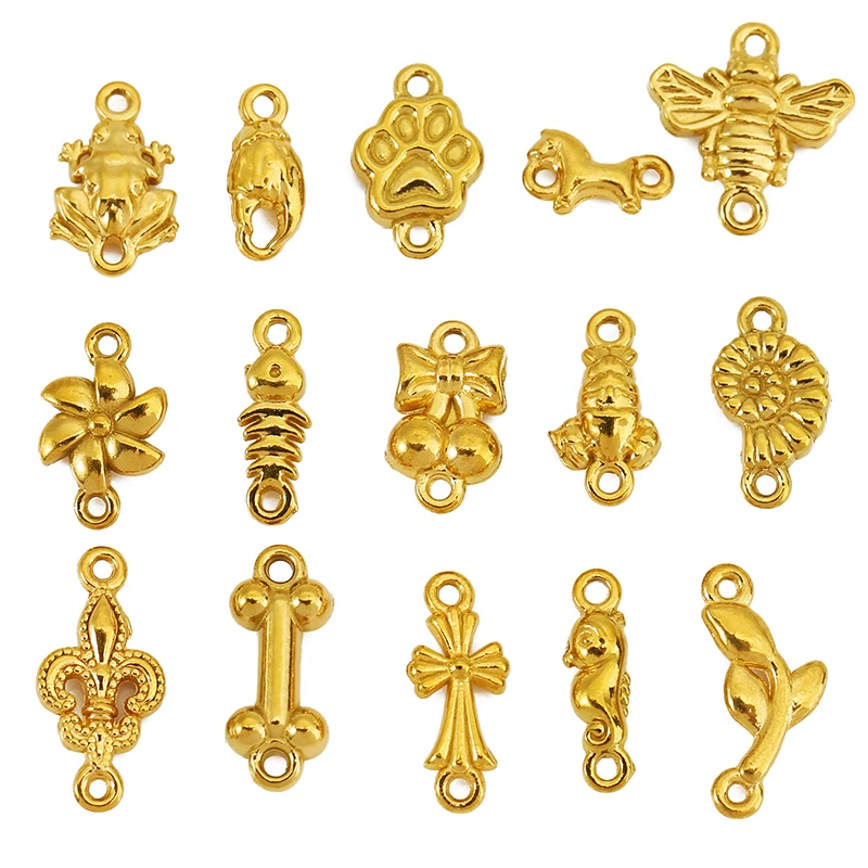 

20pcs Stainless Steel Frog Bee Fishbone Conch Crayfish Double Hole Charms Connector for Necklace Bracelet Making Jewelry Pendant