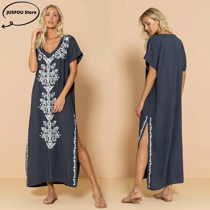 Cover Up Tunics for Beach Pareo Sarong Beachwear Embroidery Swimsuit Women Bikini Beach Cover Up Saida De Praia Long Robe