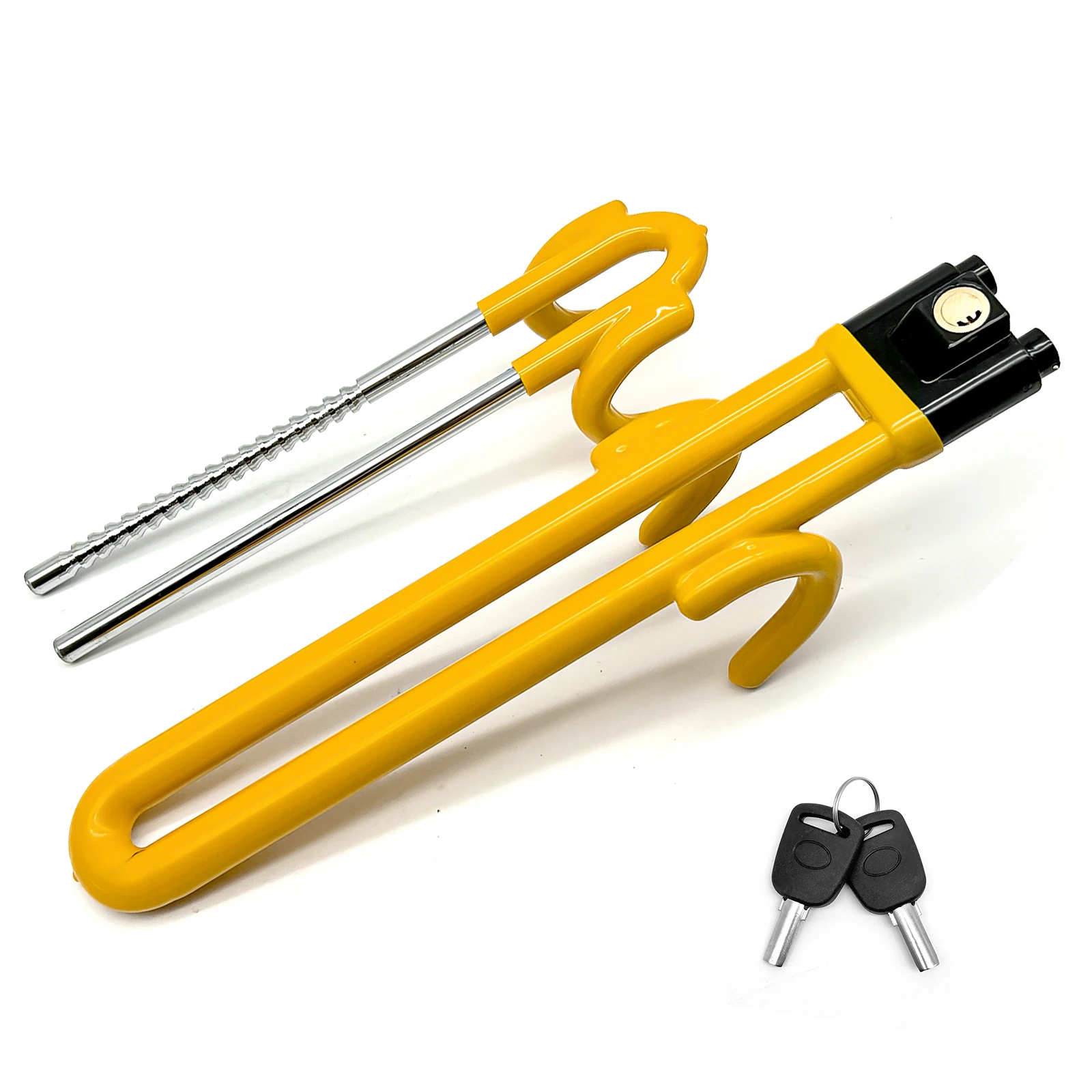 قفل عجلة القيادة مضاد للسرقة، جهاز سيارة آمن عالي التحمل، مشبك بطول قابل للتعديل، أقفال خطافية مزدوجة، مقاس عالمي (أصفر)