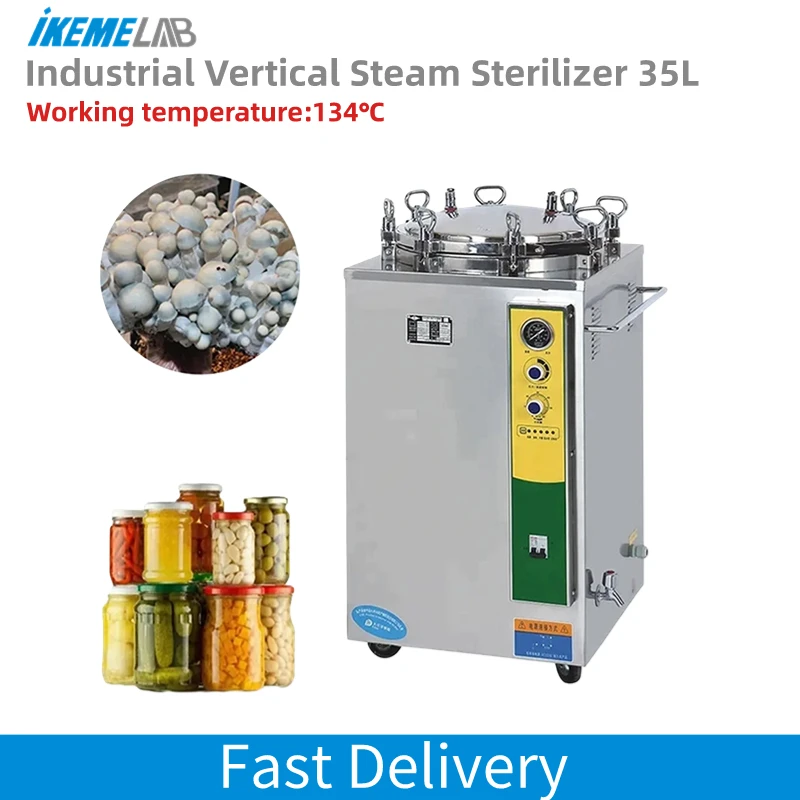 IKEME Industrial Vertical Autoclave 35L High Pressure Steam Sterilizer For Food Mushroom Substrate Bag Retort Machine Hot