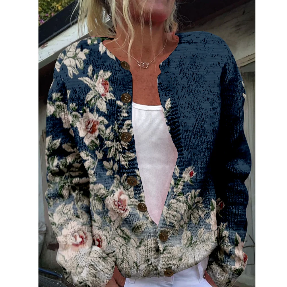 

Осень-зима вязаный кардиган с цветочным принтом винтажная мода повседневный свитер уличная одежда женские свитера вязаный топ уютные джемперы модные