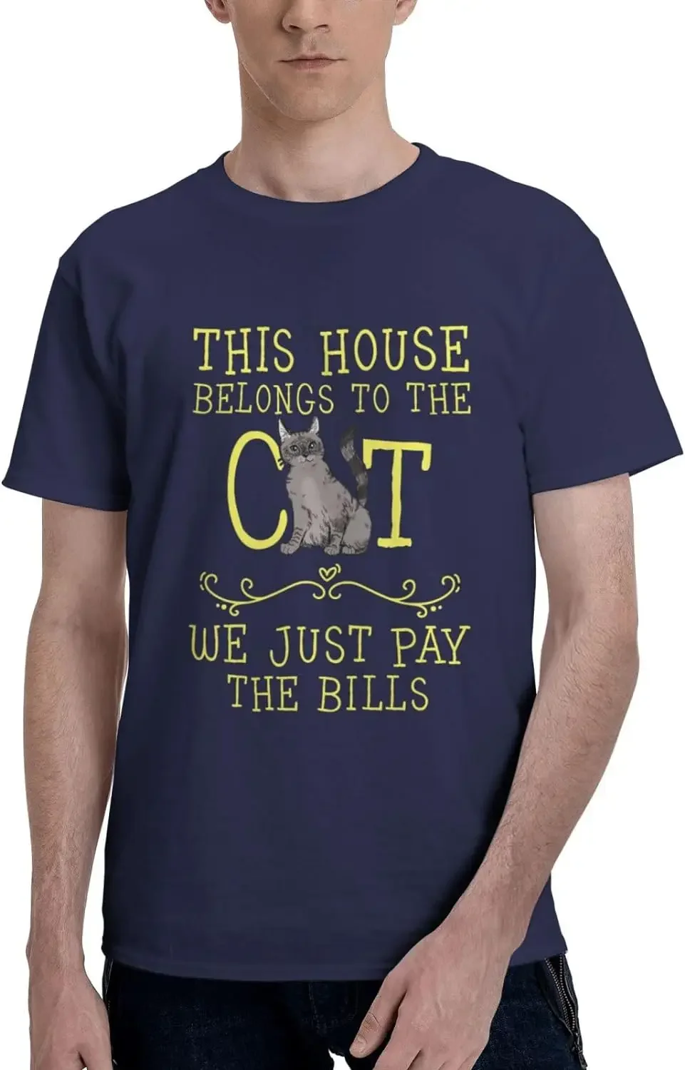 Adult Unisex Short Sleeve T-Shirt Classic Fit Crew Neck Soft and Comfy This House Belongs to The Cat We Just Pay The Bills