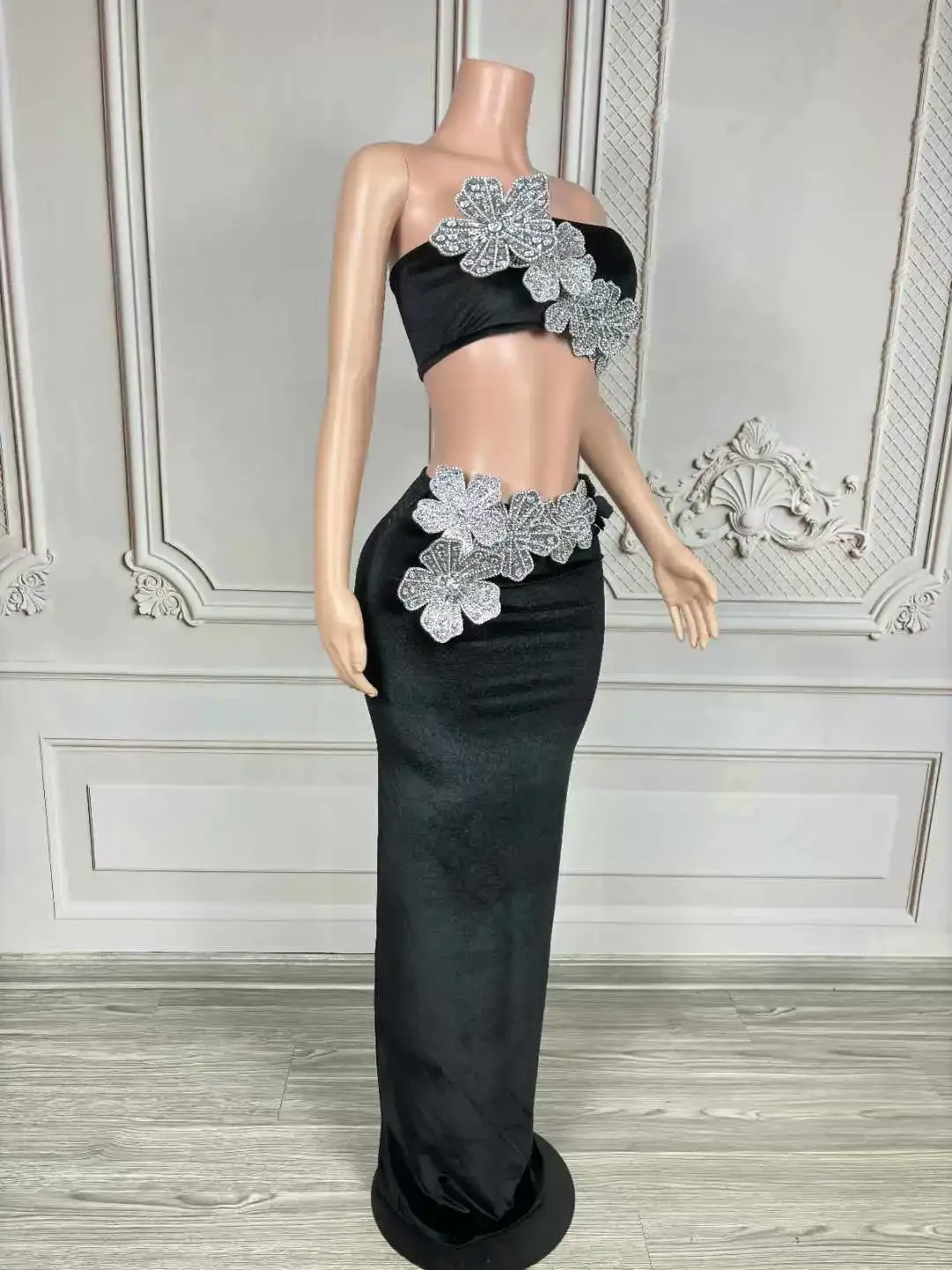 Ensemble haut et jupe en velours pour femmes, 2 pièces, strass scintillants, fleurs, soirée, fête d'anniversaire, habillée, vêtements de scène pour spectacle Las Vegas