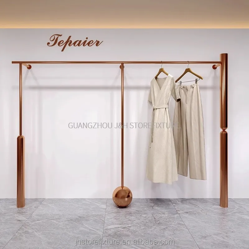 Customized Rose Gold Garment Rack  Wall-mounted Clothing Store Display Shelves Children Boutique Store Display Rack