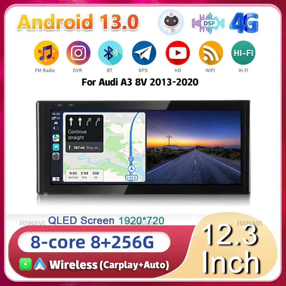 

12.3" Android13 Car Radio Player For Audi A3 2013 2014 2015 2016 2017 2018 WIFI+4G Carplay Auto GPS Multimedia Player Stereo SIM