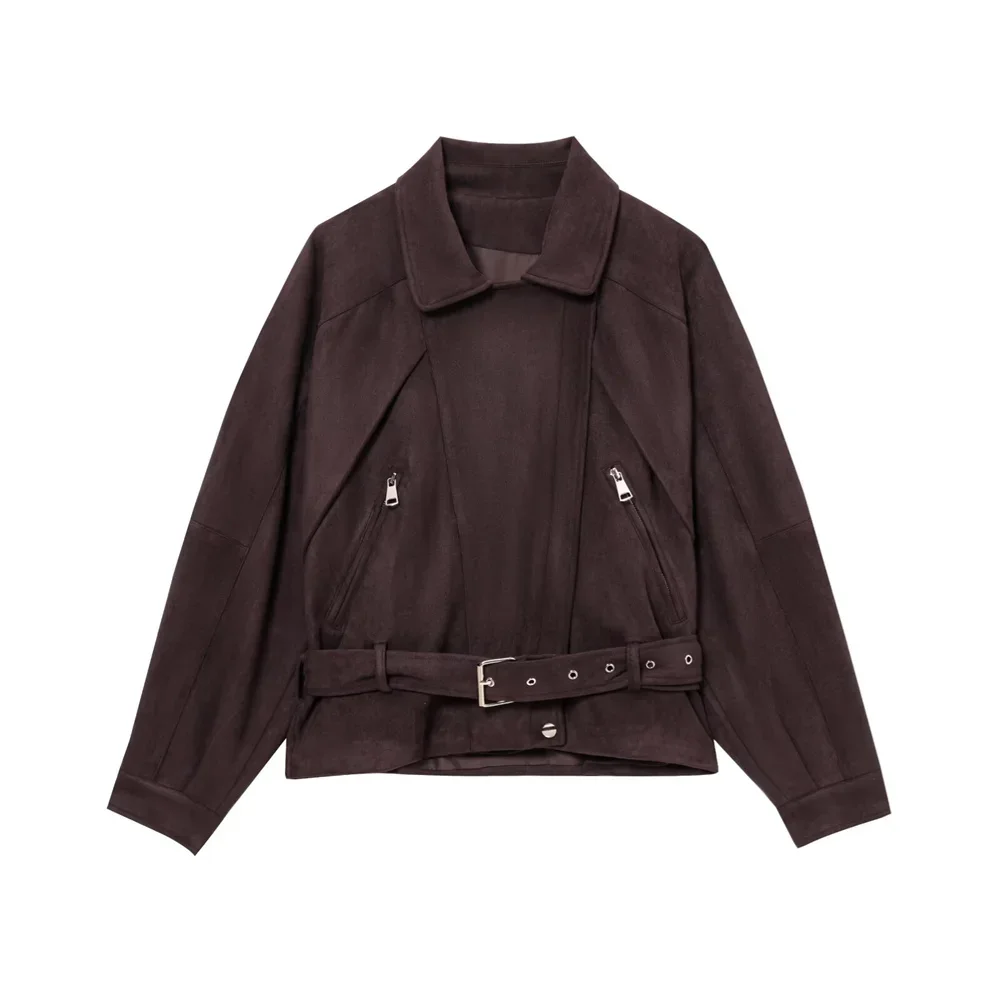 

LIBIELIY Women's Motorcycle Style Jacket With Belt And Zipper Decoration For Spring And Summer Casual Women's Wear
