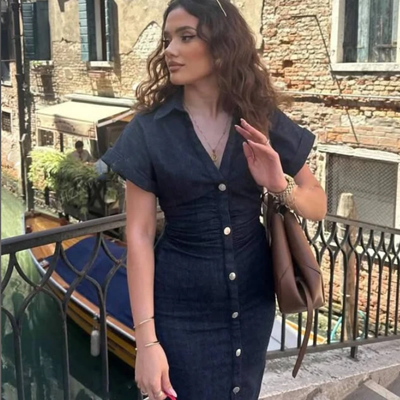 HXAO Blaues Jeanskleid, gerüscht, lange Kleider, kurze Ärmel, elegante Kleider, Damen-Sommer-Midikleid, Knopf, figurbetont, Freizeitkleider