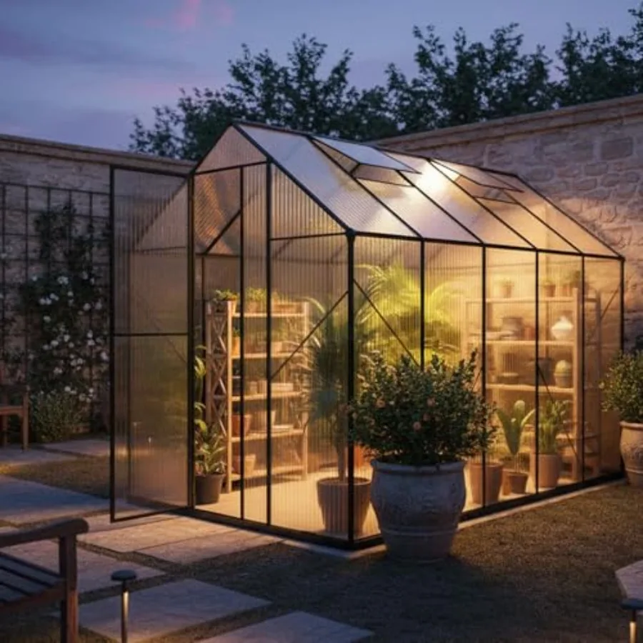 Walk-in Greenhouse for Outdoors, Feet Large Polycarbonate Greenhouses with Aluminum Frame, Adjustable Roof Vent, Lockable Door,
