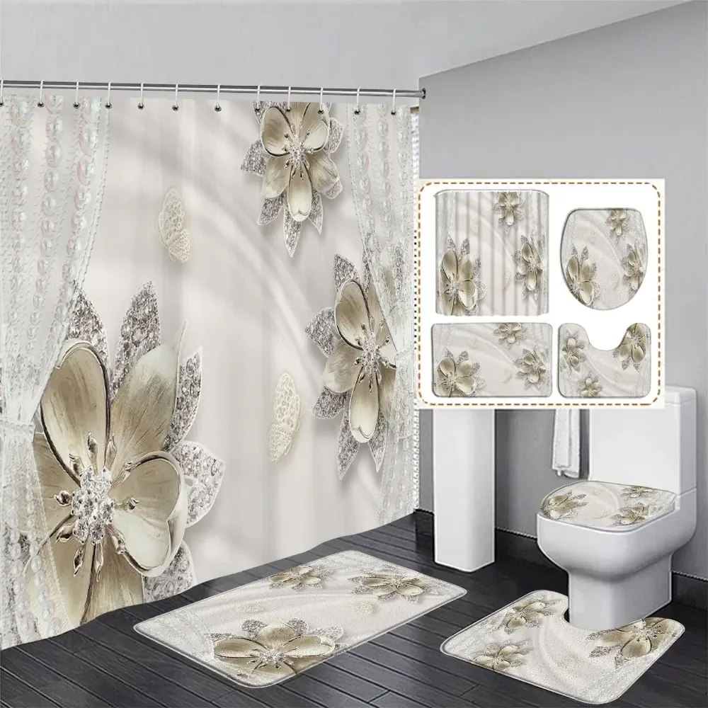 Elegant and Fashionable Fantasy Pearls and Diamonds Bouquet 3D Style Shower Curtain with Bath Rug Carpet Set Home Bathroom Decor