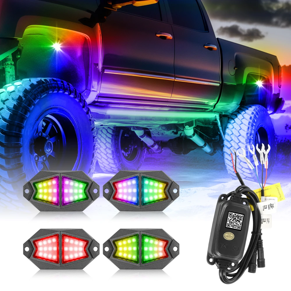 4 Pods Full Angle RGB LED Rock Light APP Control Music Neon Car Underglow Chassis Light for Offroad Truck SUV Rock Lights