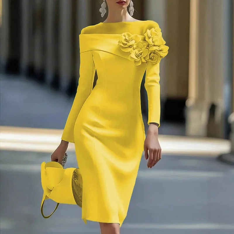 Moda 3d flor slash neck manga longa vestido de noite mulher elegante emendado malha magro bodycon vestido novo outono sólido sexy vestido