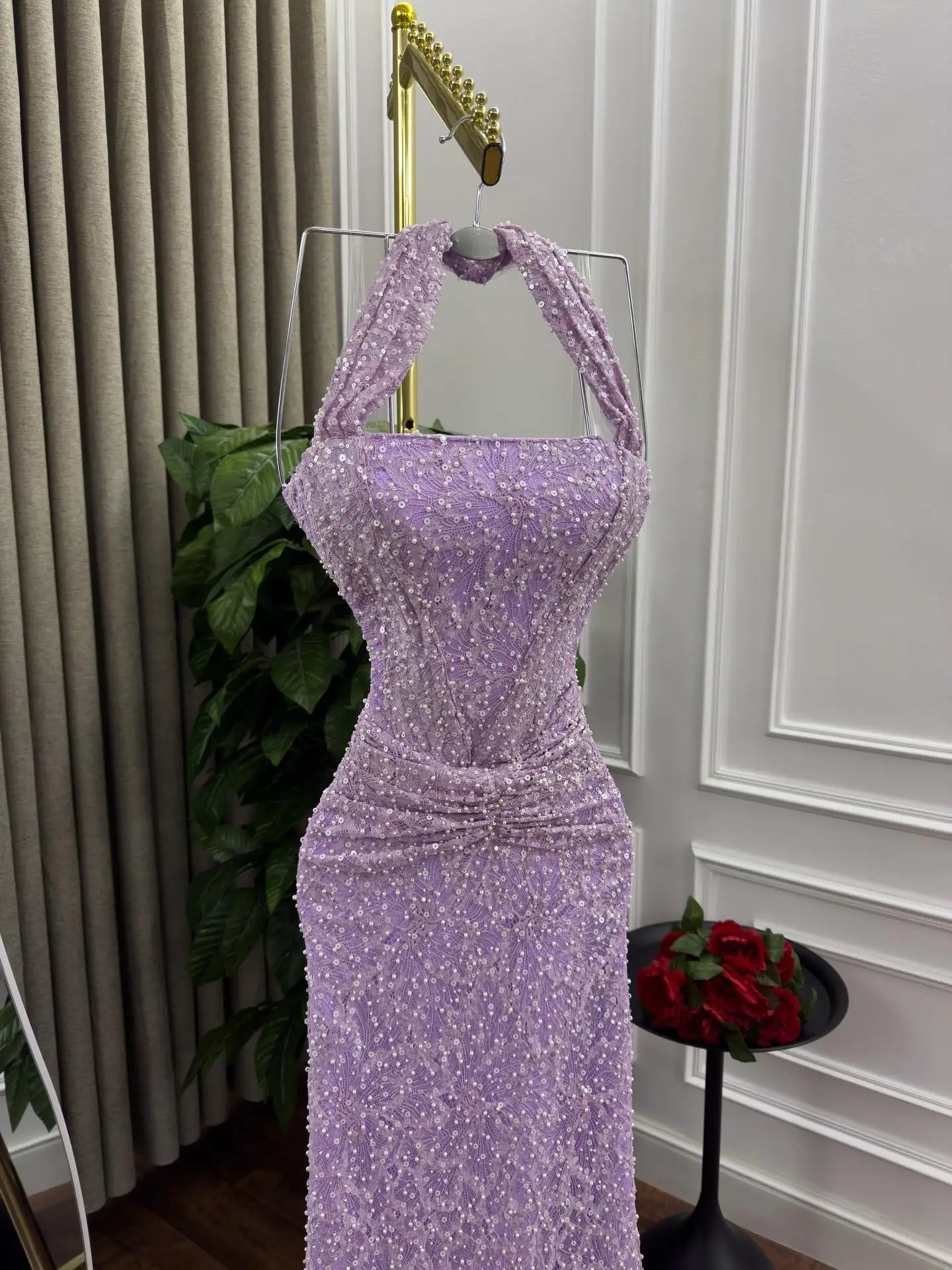 MisShow élégant licou sirène robe de soirée dentelle perles plissé taille pansement dos robes de bal gaine Train vestidos de fiesta