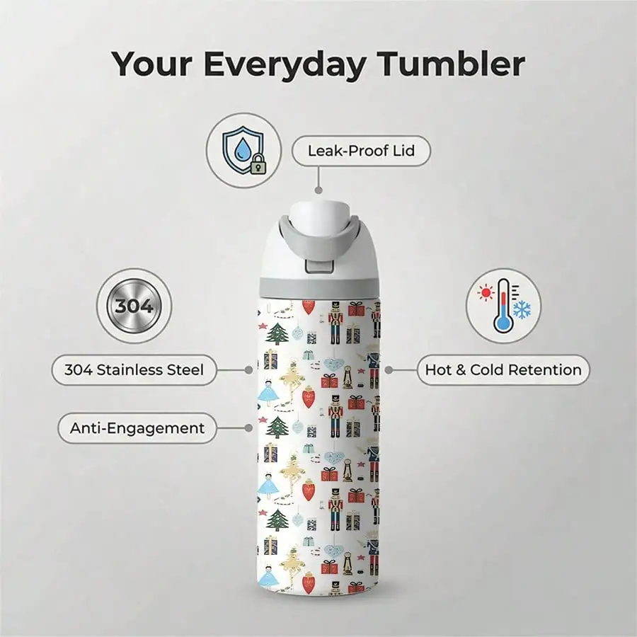 Local Warehouse 1 Pc 24 Oz Insulated Stainless Steel Water Bottle, Festive Nutcracker And Ballerina Pattern, Holiday Toy Soldier