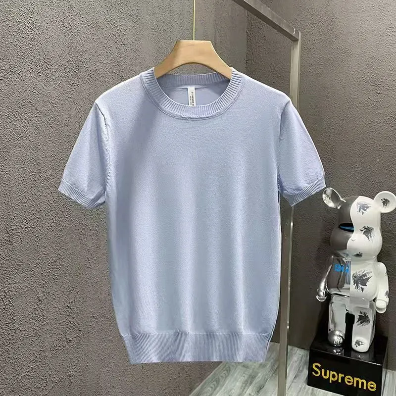 Solid Color Knitted Sweater Short Sleeved Spring Summer Thin T-shirt Men\'s Trendy Handsome With a Matching Base Shirt Tops