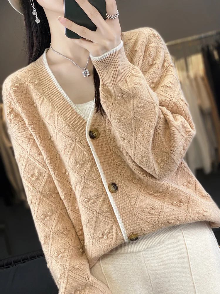 Addonee Women Sweater Autumn Winter Vintage Style Cardigan Hollow Twist 100% Merino Wool V-neck Long Sleeve Thick Knitwear 2023