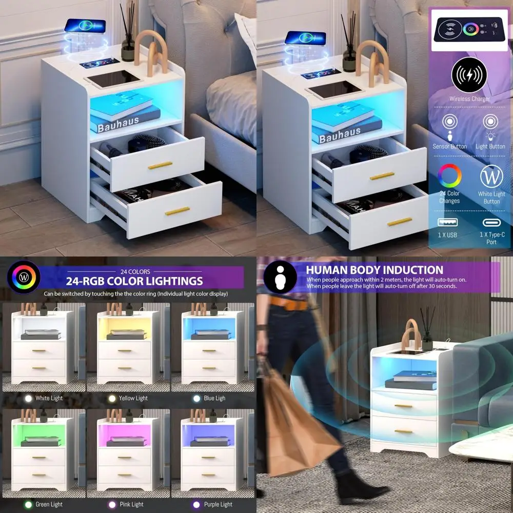 منضدة ذكية حديثة مع مصابيح LED بيضاء، ومحطة شحن، وإضاءة RGB ذات 24 لونًا، تتميز بإضاءة مستشعر بشري لجانبنا