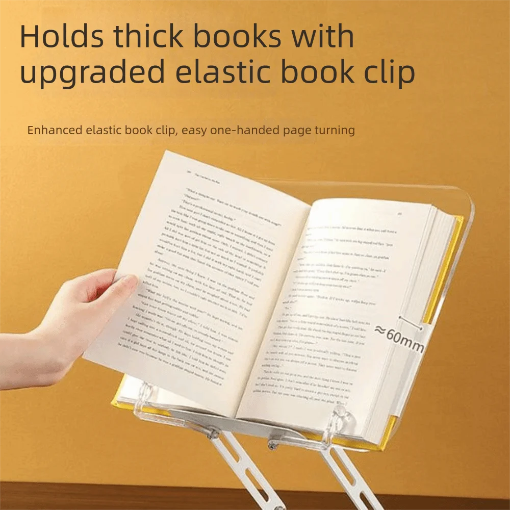 Adjustable Height Acrylic Book Stand 360° Rotating Base Elastic Page Clips Cookbook Holder Foldable Hands Free Tablet Riser
