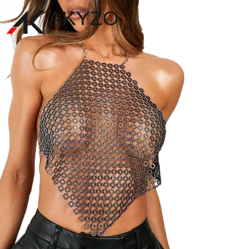 

Rhinestone Crop Top Women Summer Sexy See Through Metal Y2k Halter Beach Party Tank Top Club Rave Outfits Womens Fishnet Tops