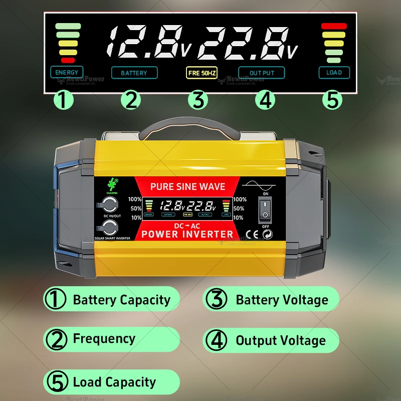 800W Pure Sine Wave Power Inverter DC12V to AC220V, Dual Universal AC Outlets LCD Display Converter with Battery Cables for RV