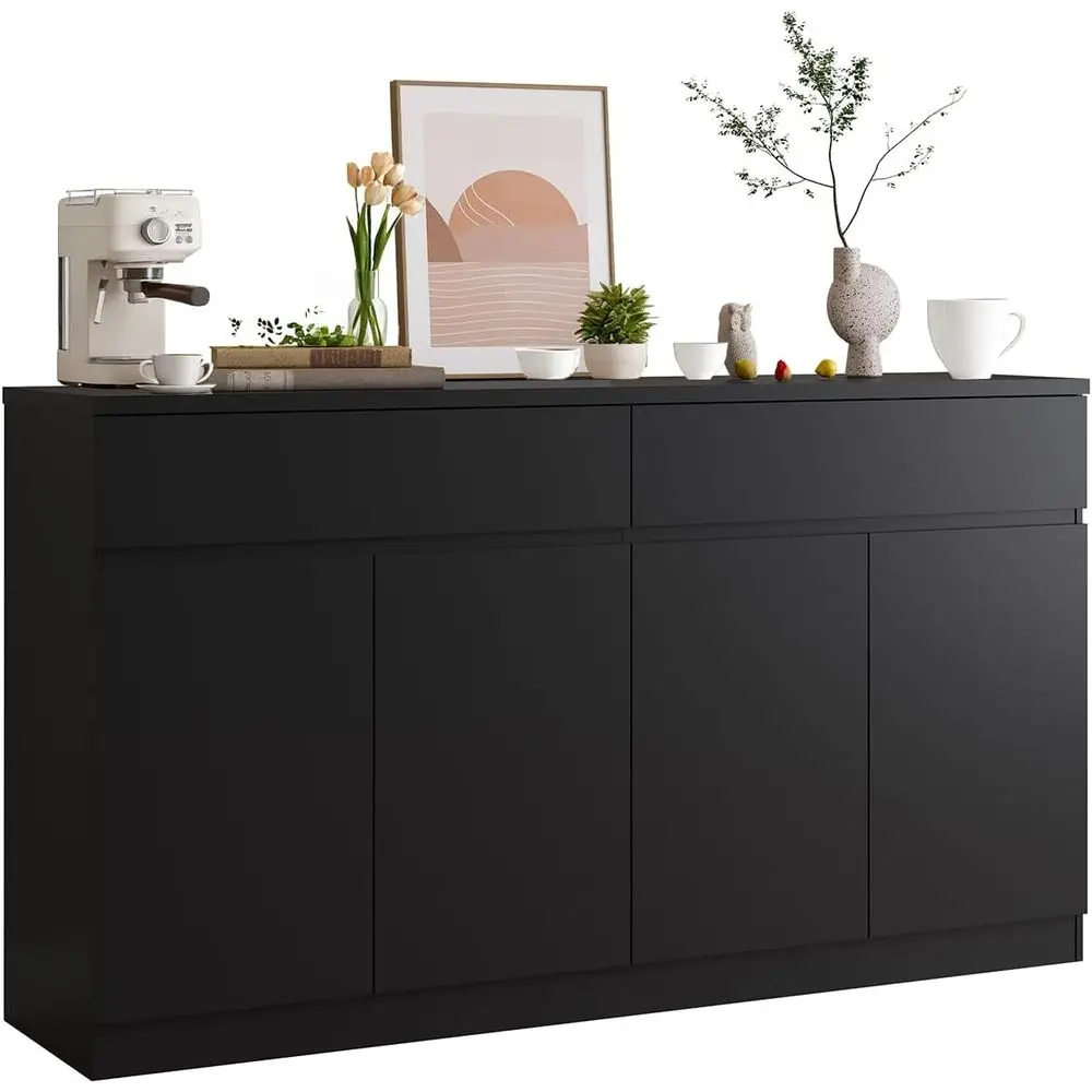 63 بوفيه خزانة جانبية سوداء مع درجين و4 أبواب، خزانة تخزين لغرفة الطعام، سهلة التنظيف، تصميم مضاد للطرف