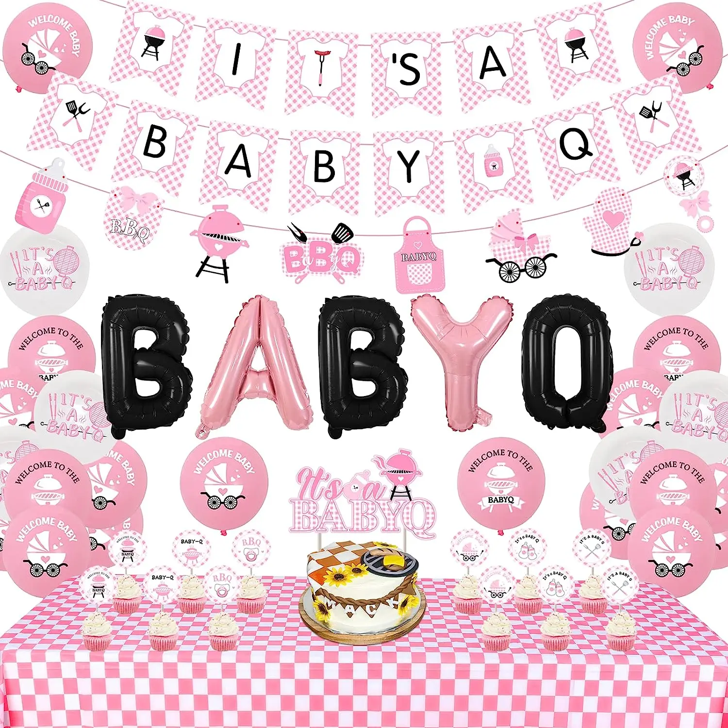 

BBQ Party Supplies with Tablecloth, Baby Q Balloons, Barbecue Themed Birthday Party Decorations, Pink, Girl