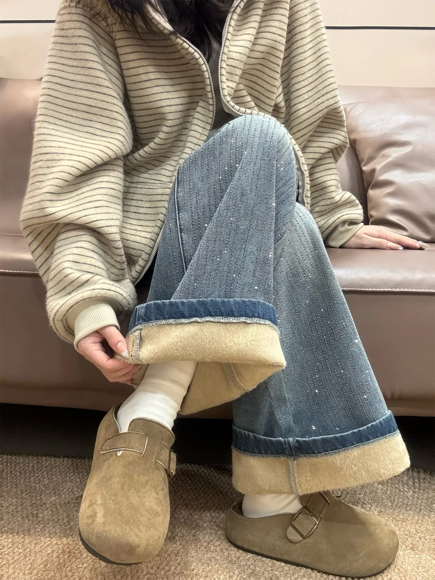 

Fleece Lined Thick Wide Leg Denim Jeans Women's Autumn Winter plus Size High Waist Slimming Straight Floor Length Pants
