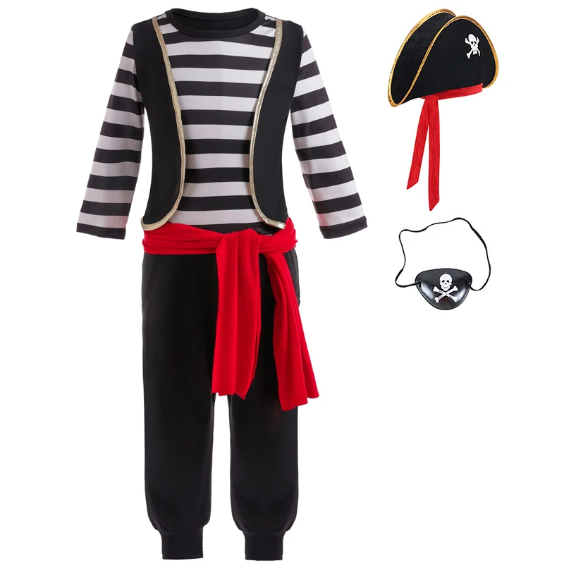 Pirate Captain Cosplay Costume Children Carnival Party Movie Same Style Boys Set Halloween Role Play Sets With Eye Mask And Hat