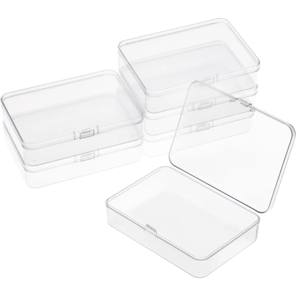 

6-pack rectangular small transparent plastic storage box with hinged lid, crayon craft storage box