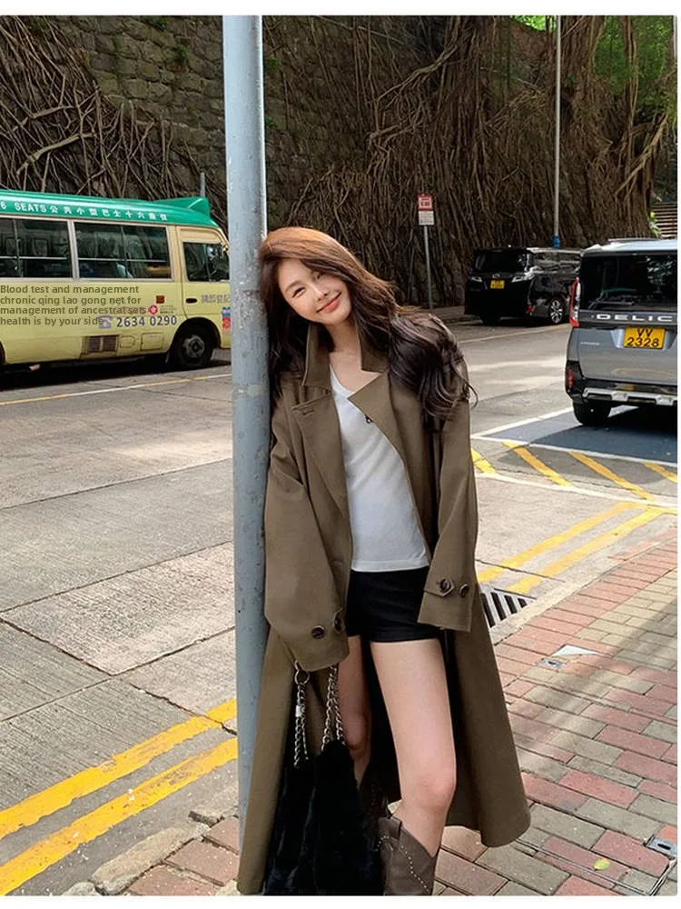 

Muzi Autumn New Sle Women's Long Coat Casual Briti Sle Bla Tea een Windbreaker Jaet Medium Length Ladies Coat