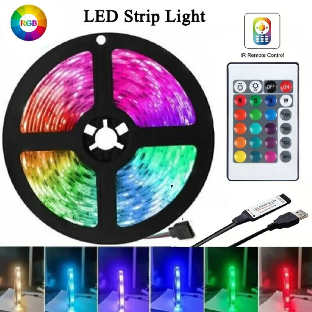 RGB LED Light Strip com controle remoto infravermelho, fita de lâmpada flexível, diodo de fita, USB, 5050, Festival Party, TV, mesa, quarto, 5V