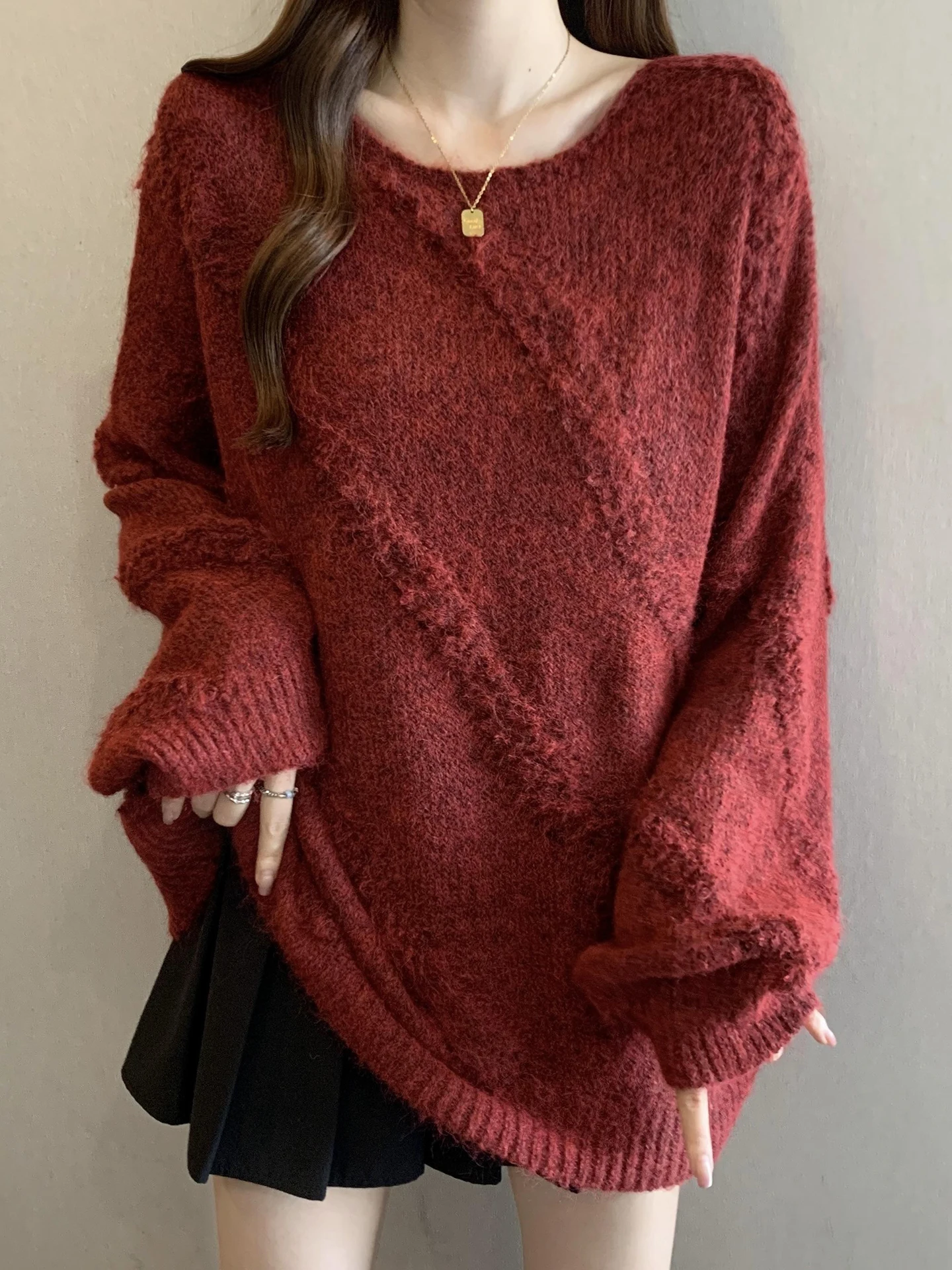 

Red Knitted Sweater Women's Loose Fit Autumn Winter Medium Length Casual Sle Comfortable Warm Faionable Commute Friendly