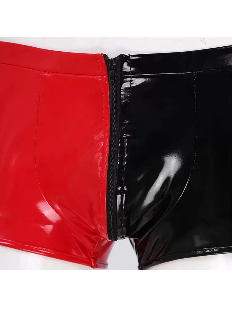 S-5XL Contrast Color Wet Look PVC Shorts Men Convex Pouch Zipper Shiny PU Leather Trunks Boxershorts Tights Calzoncillos Boxer