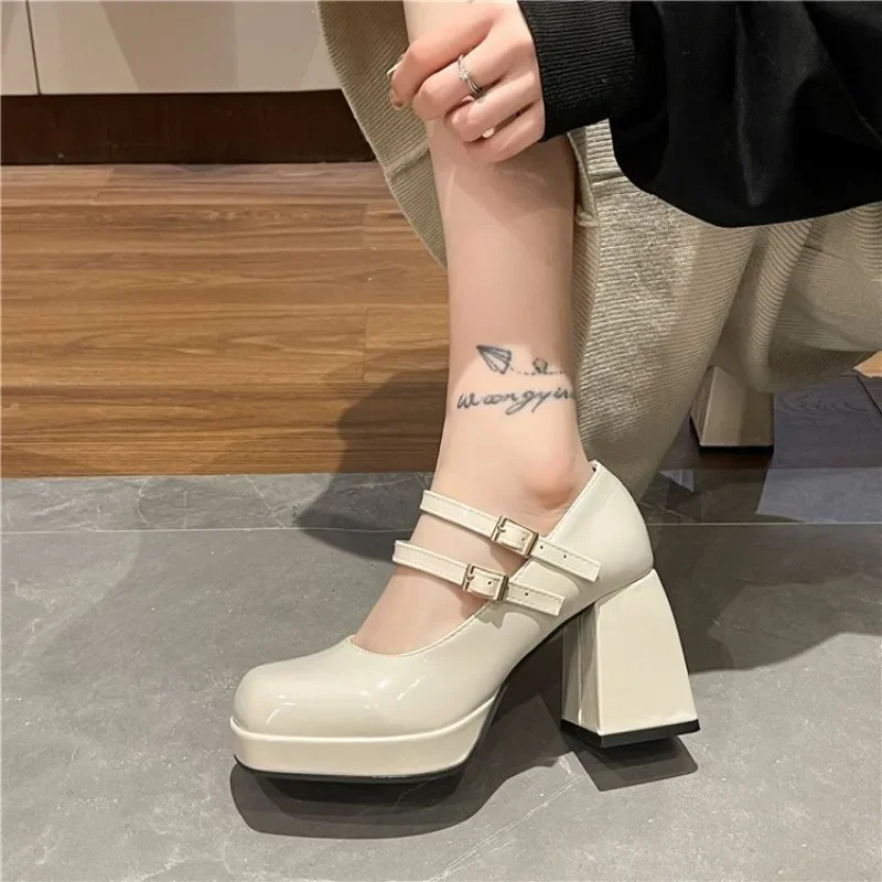 2025 New Lacquer Leather Women's Double Button Thick High Heels Women's Square Head Buckle Thick Heels Large Heels Women's Shoes - view 3