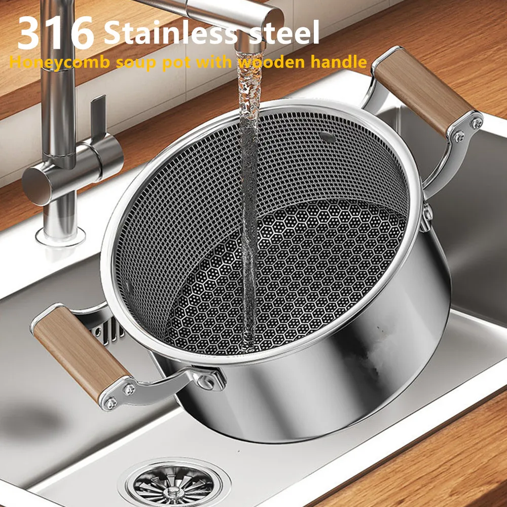 316L Stainless Steel Soup Pot Honeycomb Non-Stick Pot With Lid Household Hot Pot Induction Cooker Gas Stove Universal Soup Pot