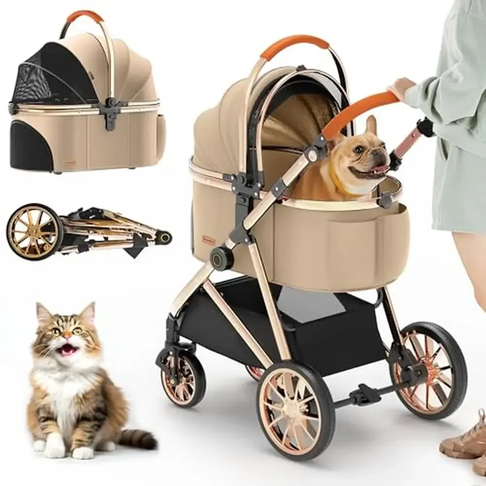 Luxury 3-in-1 Pet Stroller Electroplated Gold Mirror Finish Detachable Carrier Dogs Cats Medium Small High-End Smooth Ride