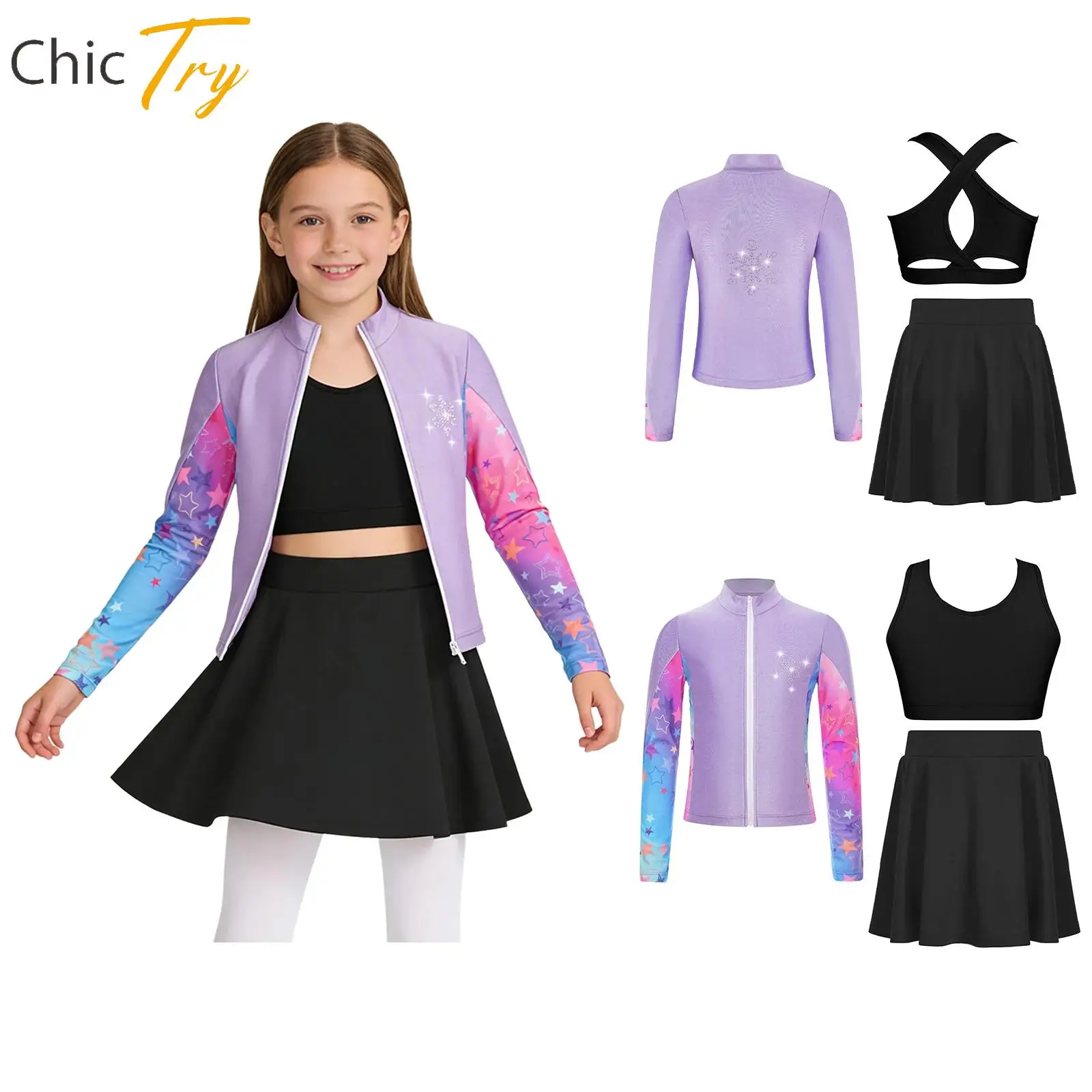 

Children Figure Ice Skating Dance Outfit Girls Athletic Gymnastics Dance Costume Hinestone Long Sleeve Sweatshirt+Vest+Skirt Set