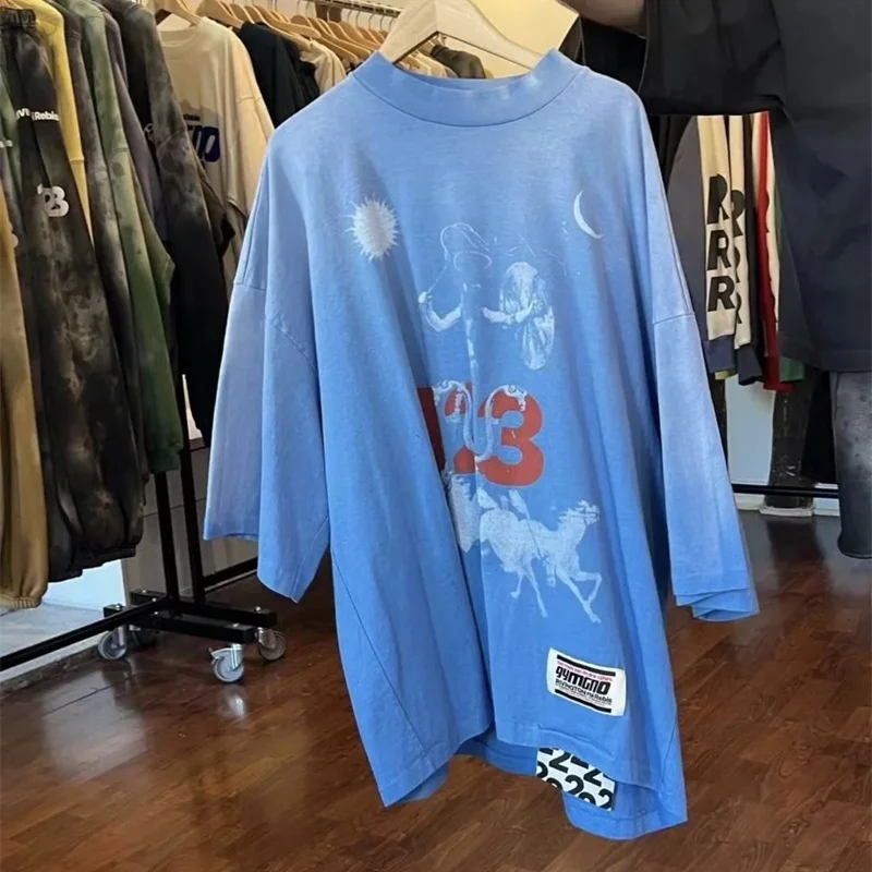 Washed Blue RRR123 T-Shirt Graffiti Letters Printed Trendy T Shirt Vintage Loose High Quality RRR123 Tops Man Woman Same Style