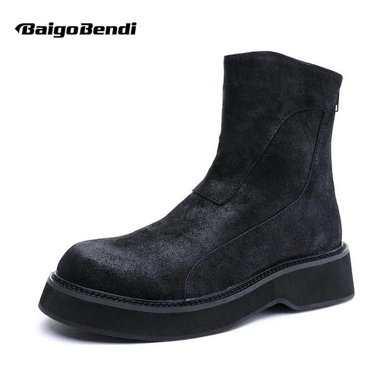 

British Retro Cowhide High-top Men's Zipper Ankle Riding Boots Thick Bottom All-match Winter Invisible Heightened Shoes