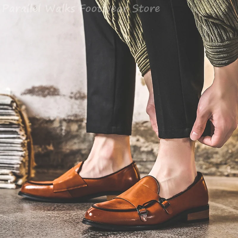 Men Double Buckle Loafers Vintage Slip On Dress Shoes Classic Formal Oxfords Business Casual Office Party Footwear Shoes For Men view 6