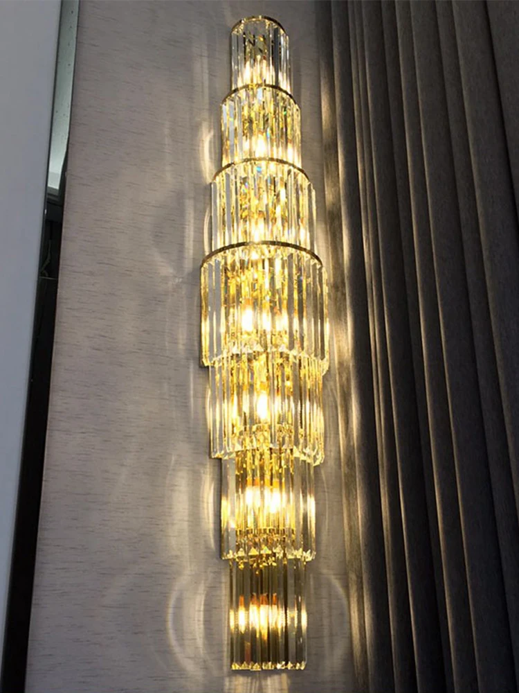 150CM Large Living Room hotel lobby gold Crystal Wall Lamp Tricolor Trasparent crystal wall fixtures long LED wall sconces