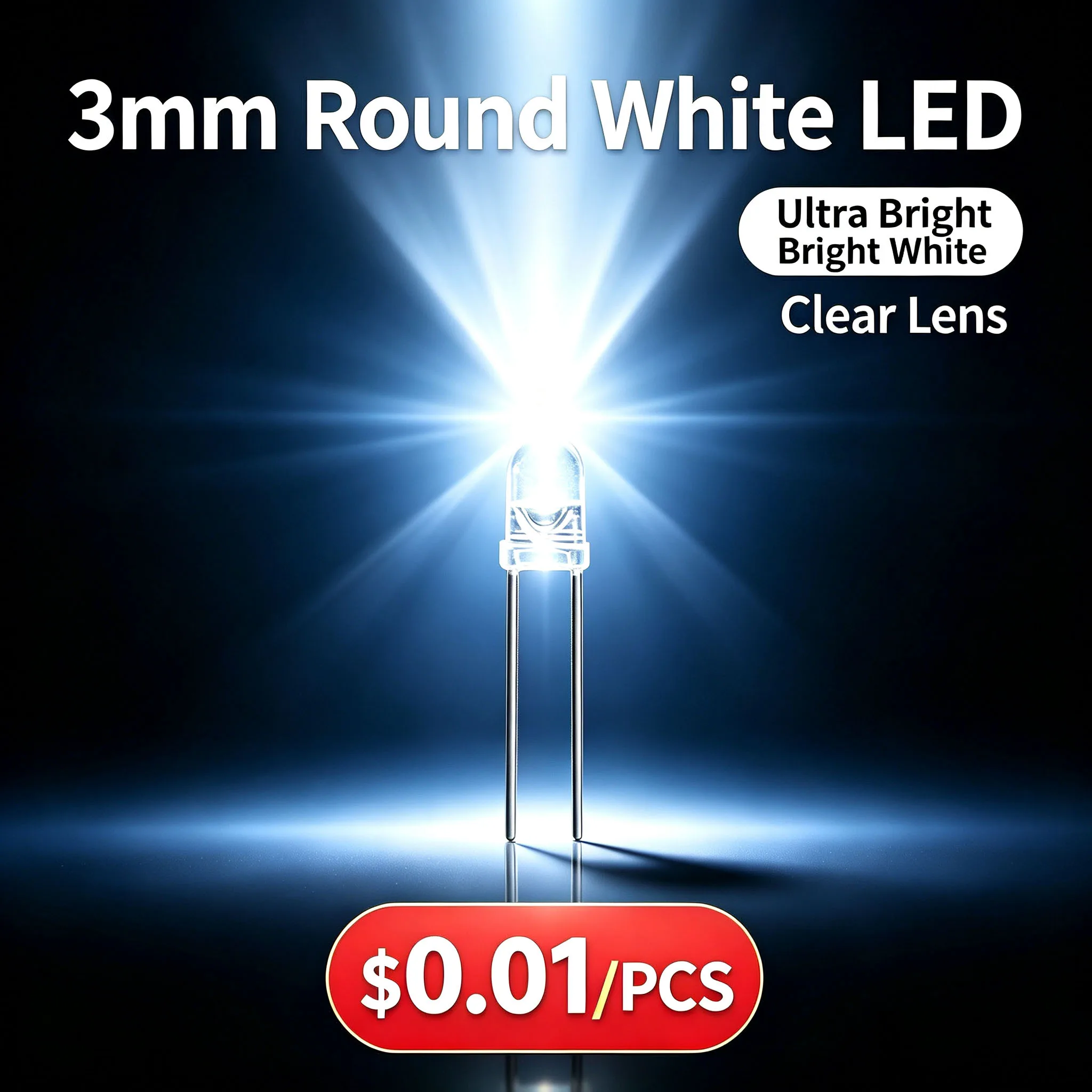 1pc 3mm LED Diode Light Emitting Diode 3 mm White  6000k - 6500k for Electronic Projects