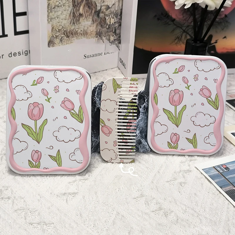 Floral Flip-Top Folding Makeup Mirror – Portable Rectangle Cosmetic Mirror with Built-in Comb for Women