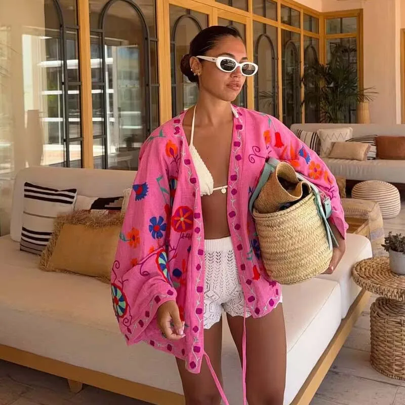 

YENKYE Chic Pink Floral Embroidered Jacket Kaftan Women Loose Lace Up Wide Long Sleeve Coat Kimono Autumn Lady Street Outerwear