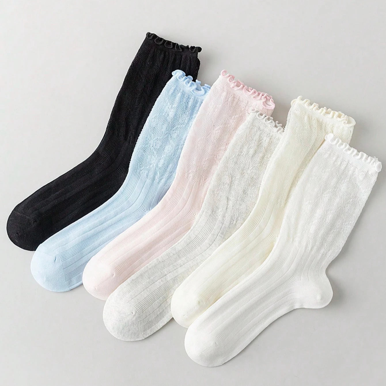 3 Paar Damensocken für Frühling und Sommer, einfarbig, dünnes Netz, atmungsaktiv, niedliche Spitze, modisch, koreanischer Stil, lange Socken für Damen