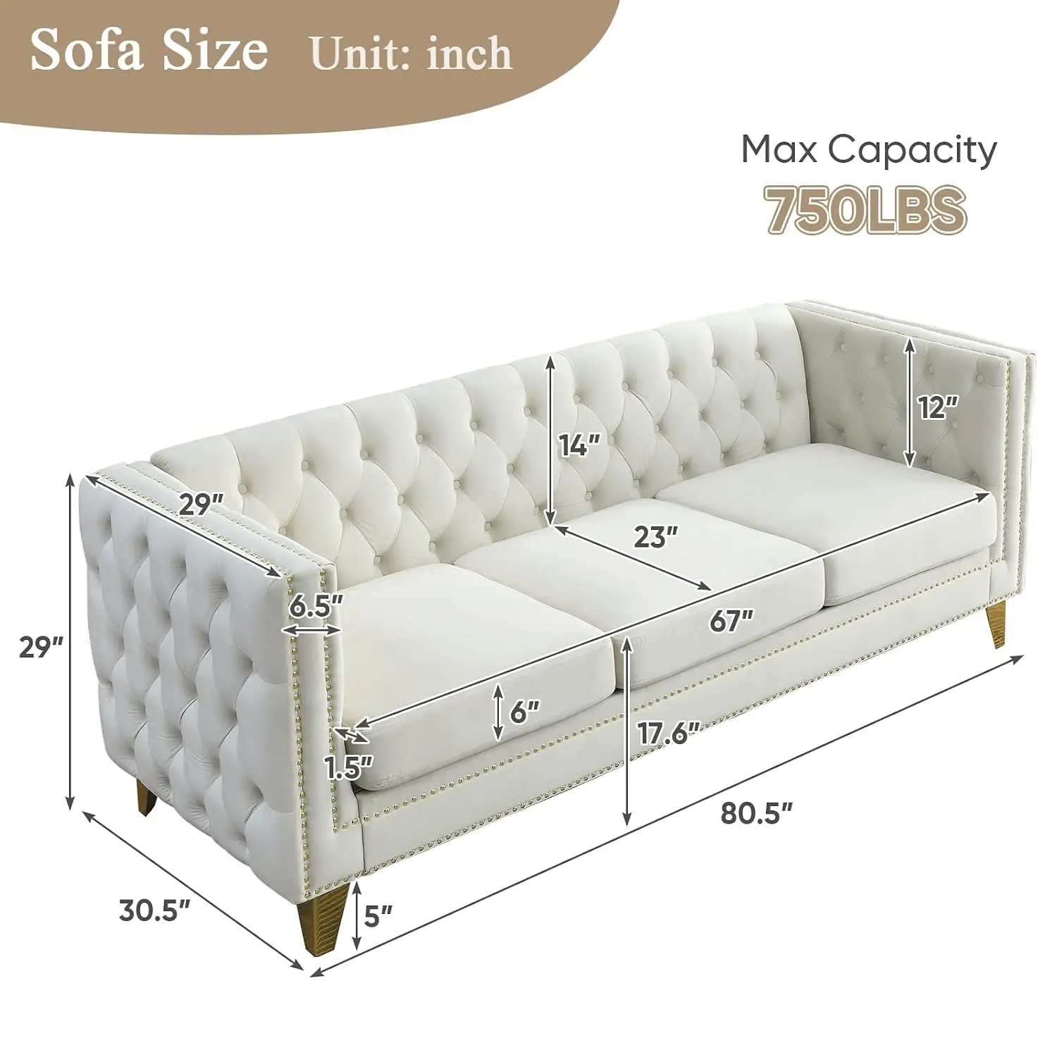 80-inch Button Tufted 3-Seater Sofa W/Square Arm, Golden Metal Legs & Nail Heads For Living Room Office Apartment, Customized