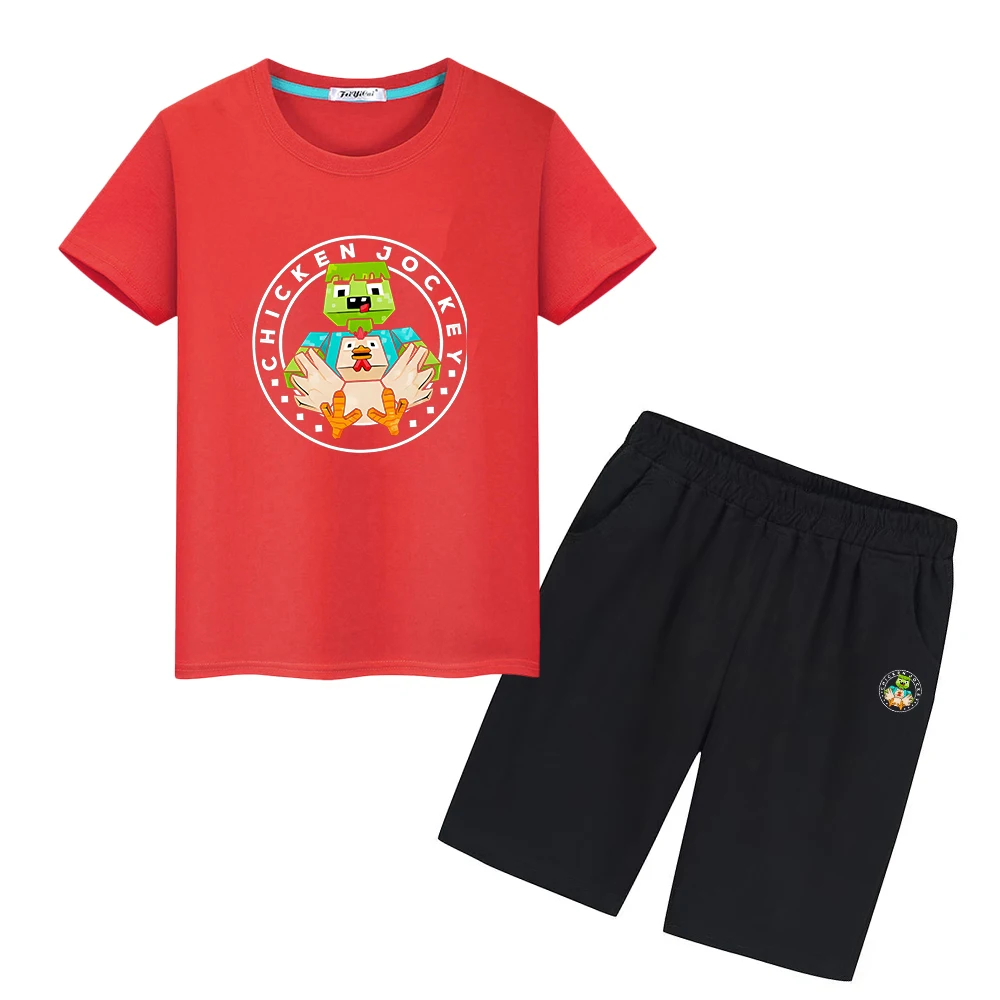 

Children suit Kawaii Tees chicken jockey 100%Cotton Anime T-shirt 2pcs Tops+Shorts kids boutique clothes boys girls Sports Sets