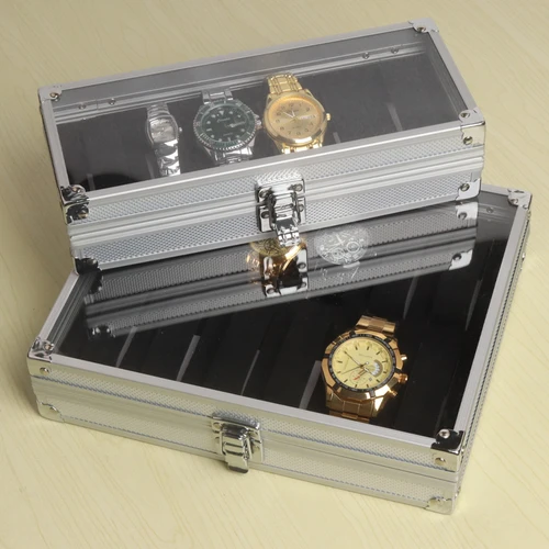 Imagen 2 del producto Útil caja de relojes de aluminio con 12 ranuras de rejilla, caja de almacenamiento para exhibición de relojes y joyería, caja cuadrada, soporte para reloj rectangular interior de gamuza