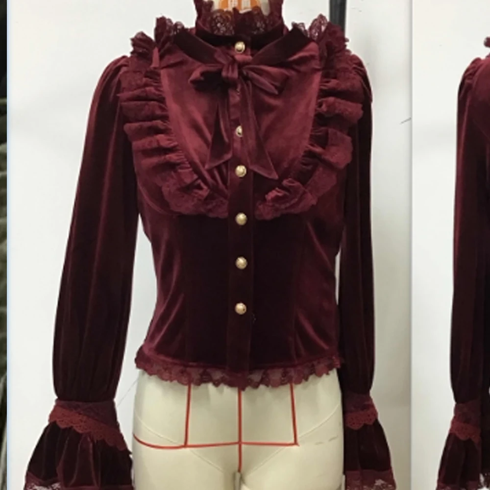 

Women's Elegant High Neck Velvet Blouse For Women Flare Sleeve Single Breasted Bowkont Lace Up Lace Trim Vintage Fashion Tops