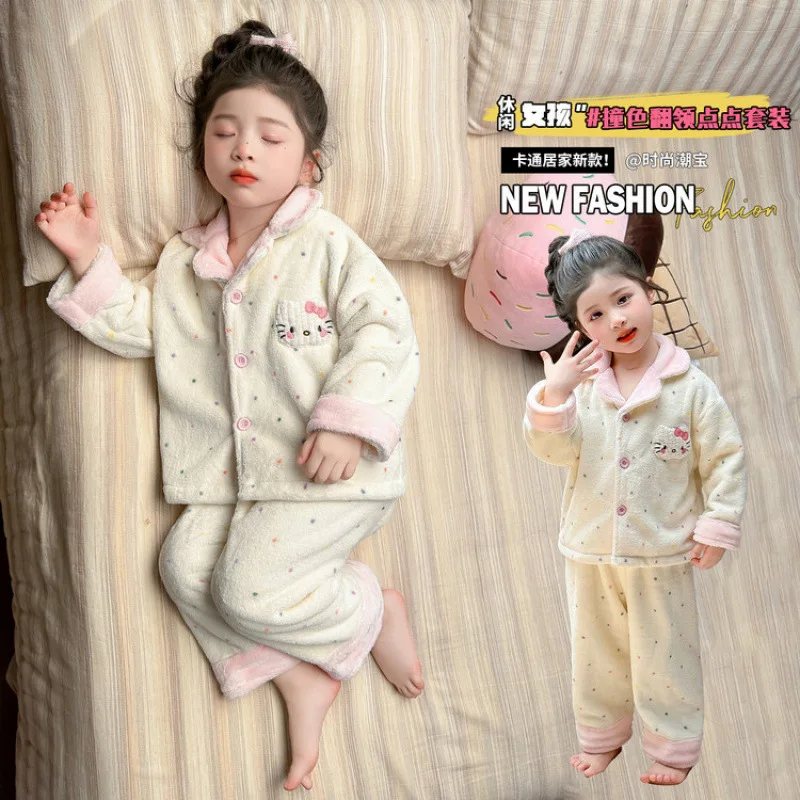 فتاة أنيمي الخريف/الشتاء بيجامة غير رسمية مجموعة الطفل الكرتون مرحبا كيتي الفانيلا سميكة منامة الأطفال المرجان المخملية ملابس المنزل #4